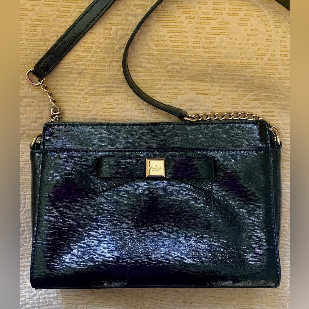 RARE KATE SPADE PATENT LEATHER HANDBAG W CHAIN CROSSBODY OR SHOULDER BLACK